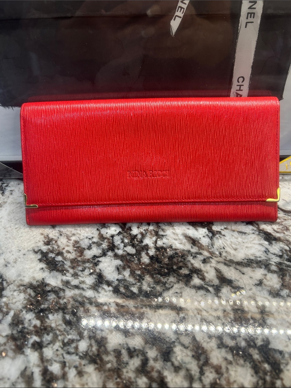 Nina Ricci Red Textured Leather Wallet with Gold Accents EUC
